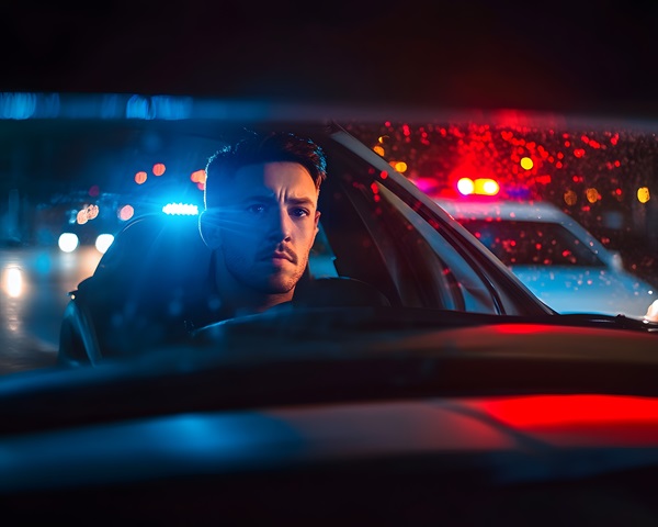 A male driver looking through his car window during a DWI stop, with police lights flashing in the background.