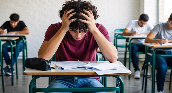 A young college student with curly hair sits at a desk in a classroom, looking down at papers with his head in his hands in a gesture of extreme stress.