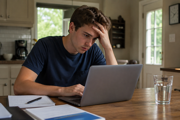 A stressed young male college student sits at a kitchen table with his hand on his forehead, staring at a laptop screen surrounded by notebooks and papers, depicting a student dealing with a Title IX investigation during summer break.
