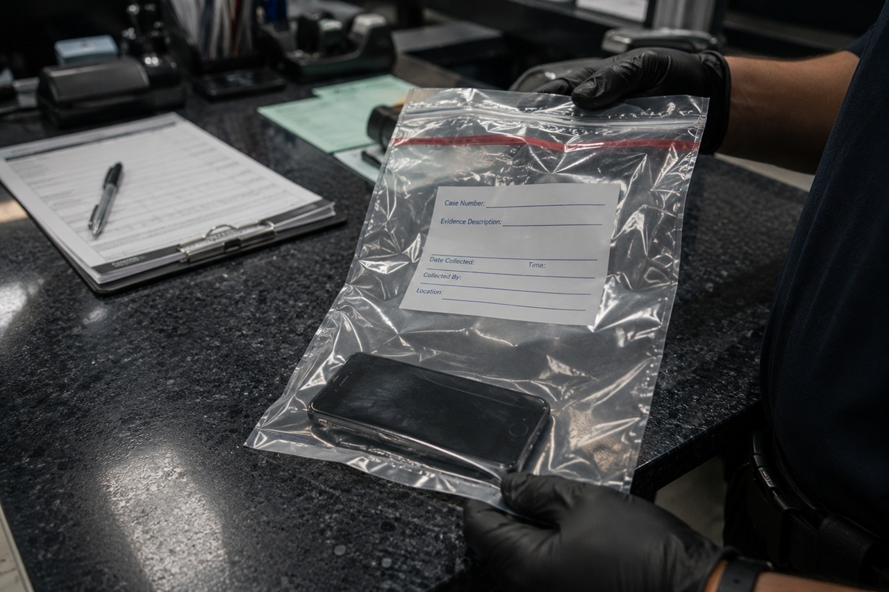 A close-up shot of a law enforcement officer wearing black latex gloves, holding a clear plastic evidence bag over a dark, speckled countertop. Inside the bag is a black smartphone. The evidence label on the front of the bag contains blank lines for information such as Case Number, Evidence Description, Date Collected, Time, Collected By, and Location. In the background, a clipboard with a legal document and a pen rests on the counter in a dimly lit office or booking room.