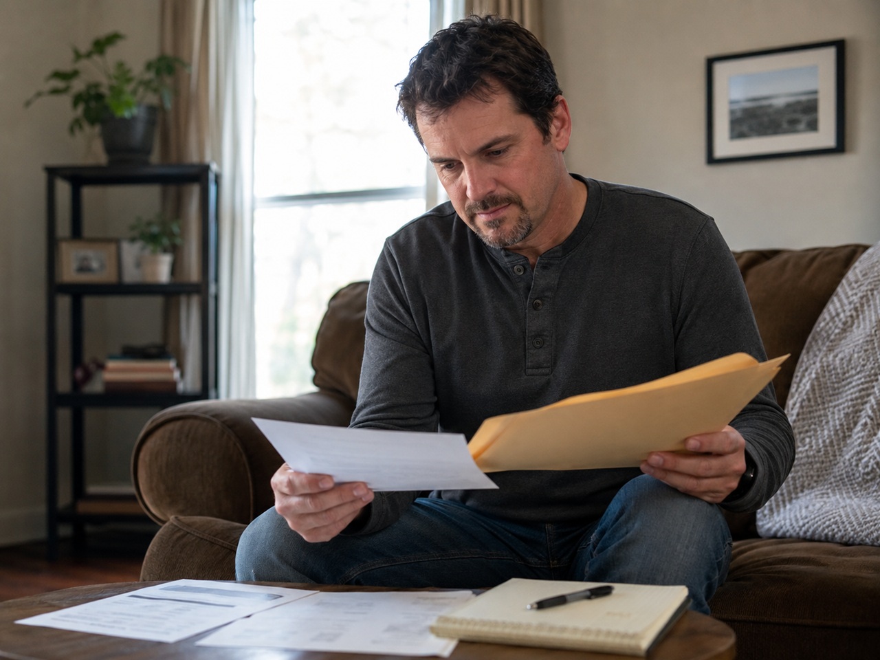 A Texas man with dark hair and a goatee sits on a brown sofa in a living room, intently reviewing a legal document he has pulled from a large manila envelope, with additional paperwork, a notebook, and a pen laid out on a coffee table in front of him.