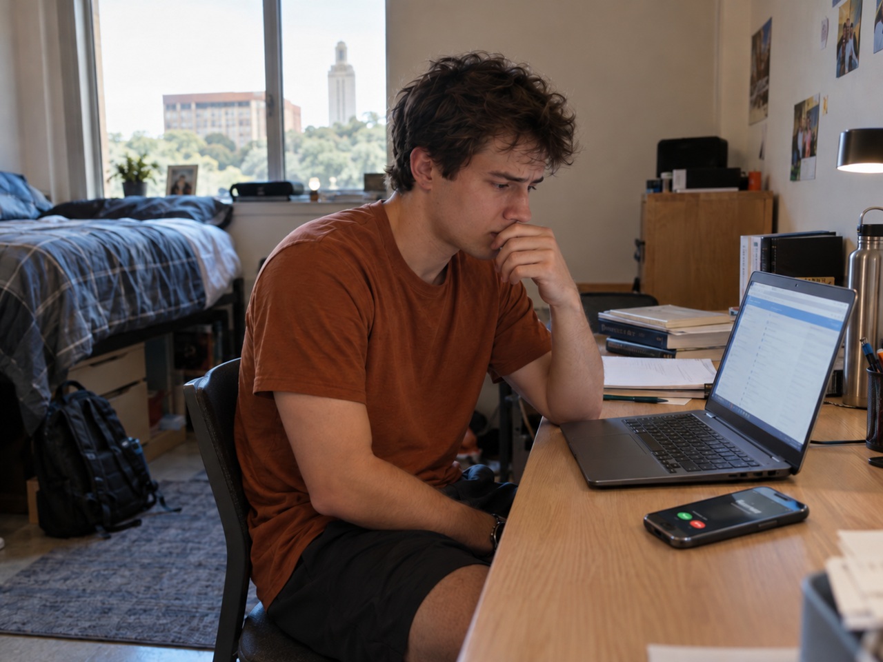 A college student sitting at his dorm desk looking worried while an incoming call rings on his phone next to his laptop, illustrating the stress of facing a Title IX and criminal investigation at the same time.